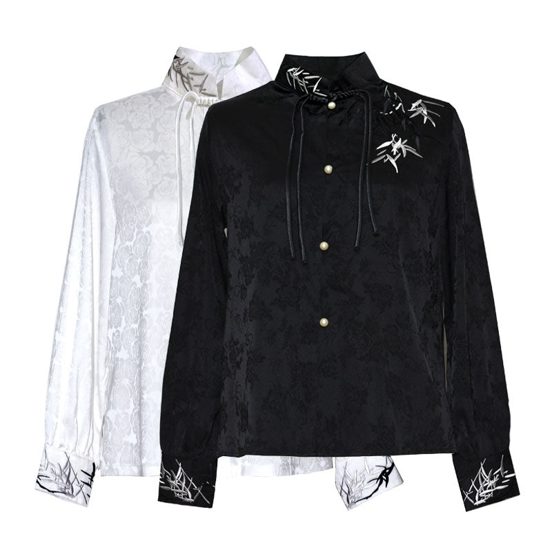 Morden Chinese Embroidered Bamboo Leaf Jacquard Satin Fabric Hanfu Shirt Blouse-01