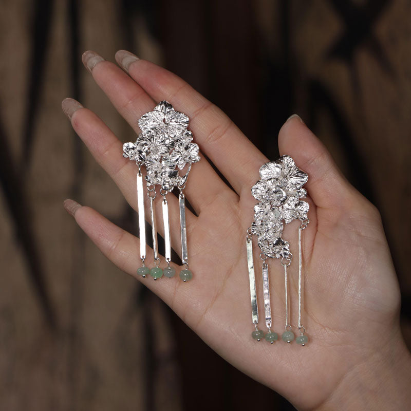 Orchid Cluster S930 - Handforged Chinese Phalaenopsis Earrings in Sterling Silver with Jadeite Beaded Tassels-01