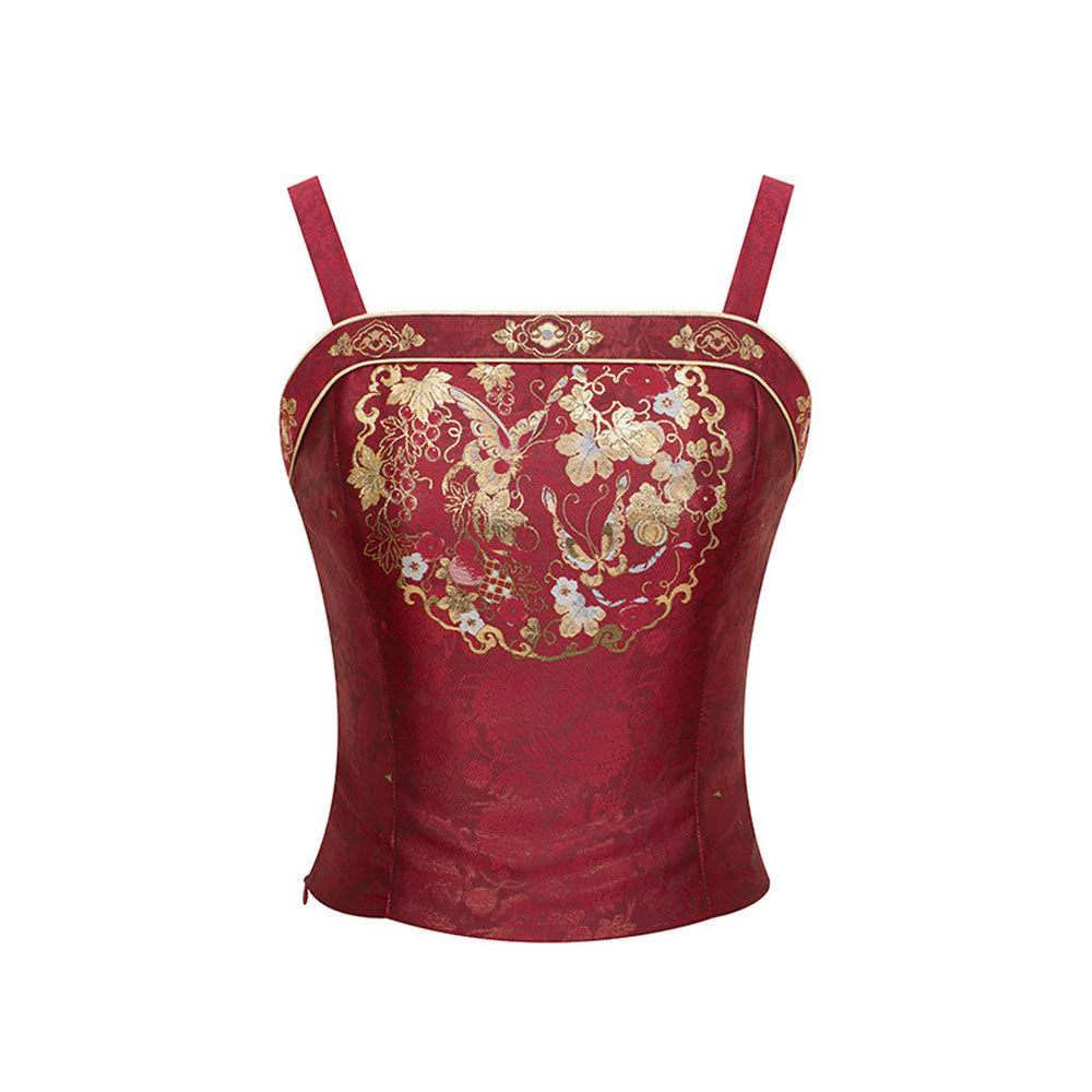 Birds & Blossoms — Ming-Style Gold-Woven Red Mamian Skirt Set-02