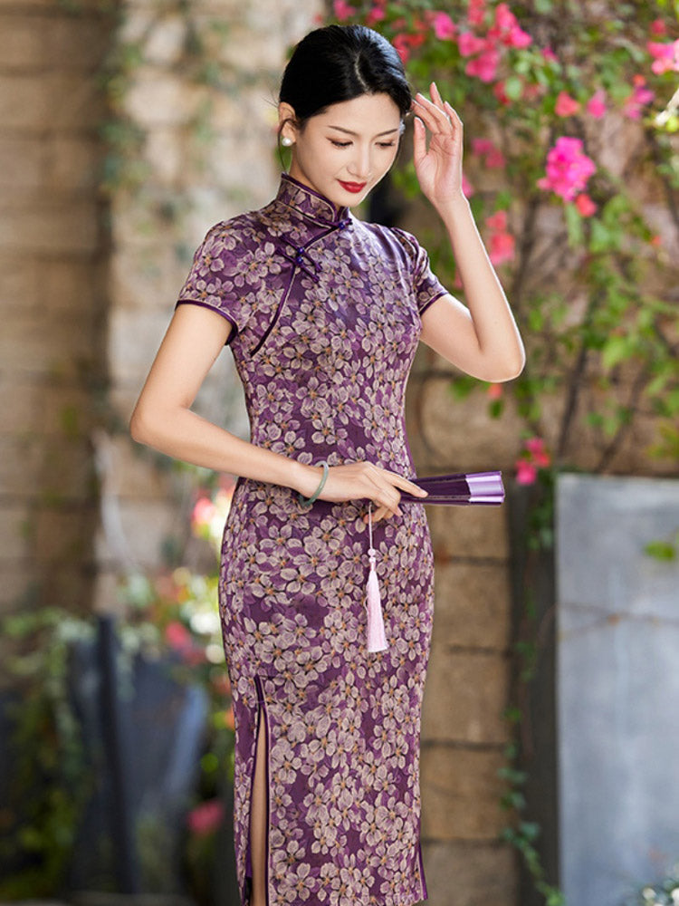Romantic Vintage Purple Floral Printed Qipao Cheongsam Dress-02