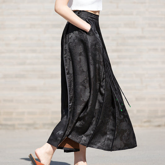 New Chinese-style Black Vintage Pattern Mulberry Silk Midi Skirt Mamianqun Skirt-01