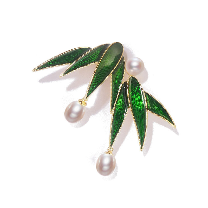 Chinese Classic Bamboo Leaf Brooch Pin for Women Adorned with Freshwater Pearls-01