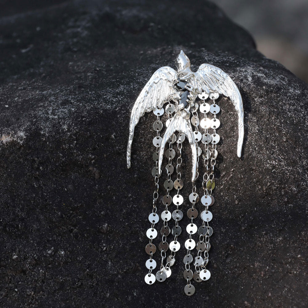 The Swallow S930 - Handforged Chinese Swallow Earrings in Sterling Silver with Delicate Tassels-01