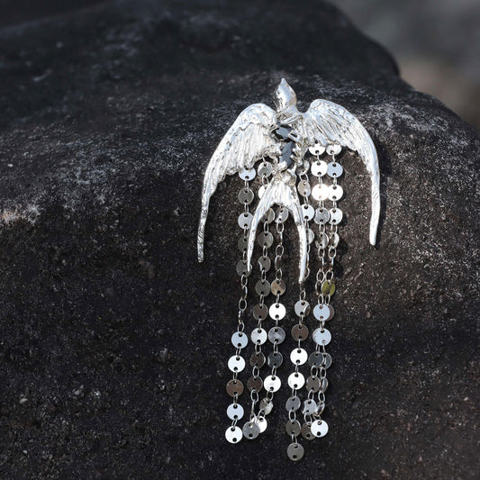 The Swallow S930 - Handforged Chinese Swallow Earrings in Sterling Silver with Delicate Tassels-01