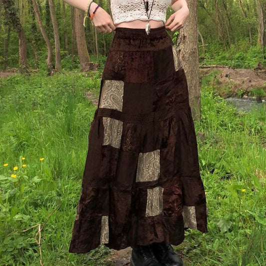 Vintage Velvet Patchwork Retro Tribal Print Skirt: Embrace the Wasteland Fashion Trend-01