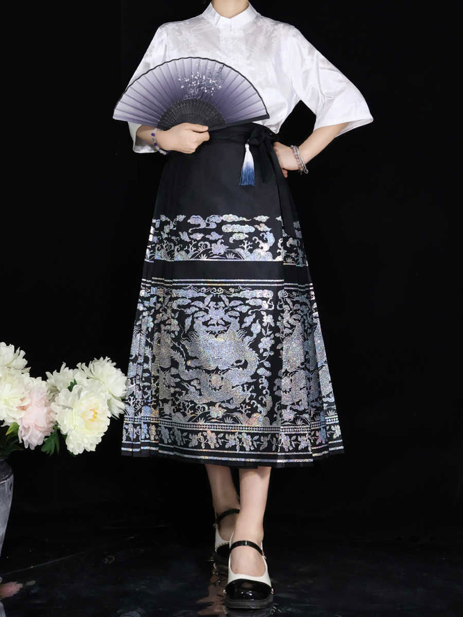 Chinese-style Mang or Bamboo Pattern Mid-Length Hanfu Mamian Skirt-02