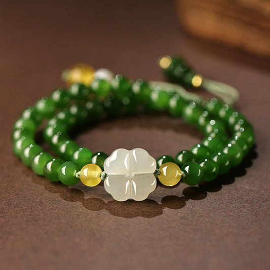 Xinjiang Hetian Jade Bracelet Adorned with a Four Leaf Clover Green Jade Biyu Bracelet-01