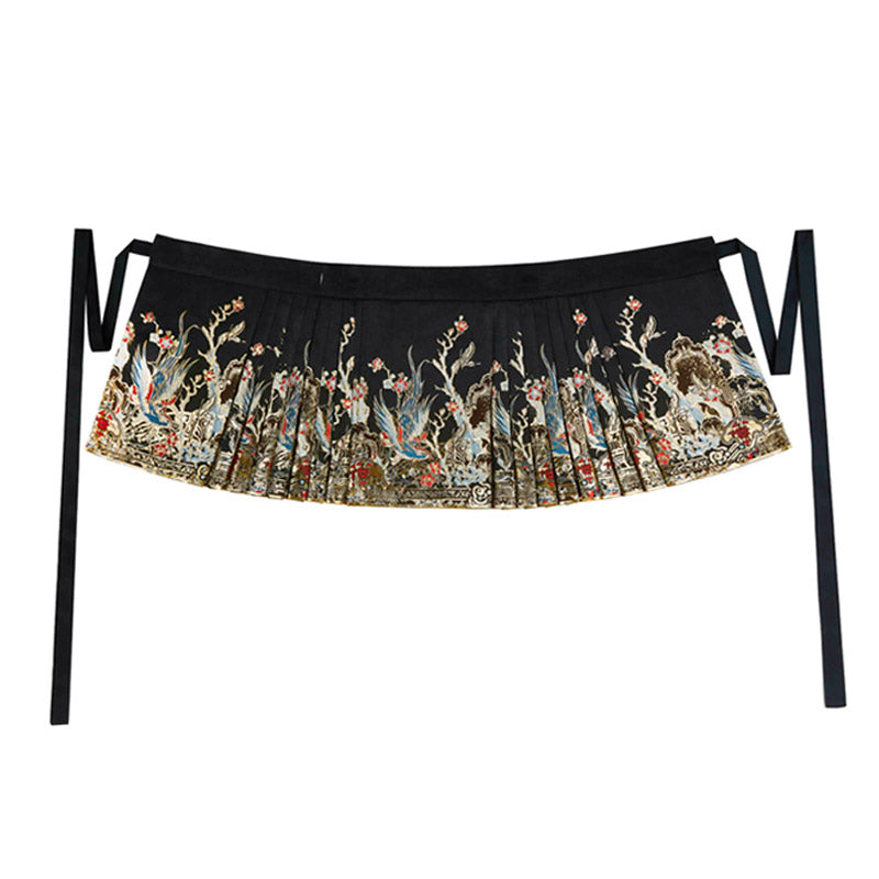 Magpie Herald of Joy – Chinese Magpie and Plum Blossom Brocade Woven Gold Mini Mamianqun Hanfu Skirt-01