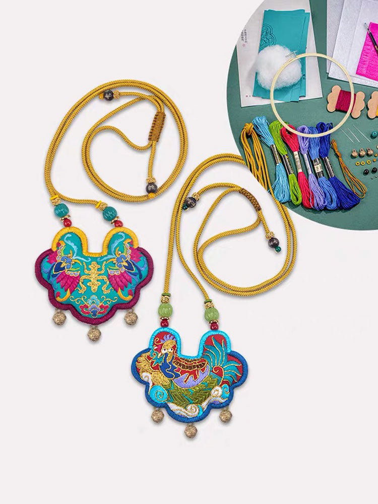 Peace Talisman Hand Embroidery DIY Material Kit - Chinese-style Longevity Lock Embroidery Necklace Christmas Gift for Toddler-01