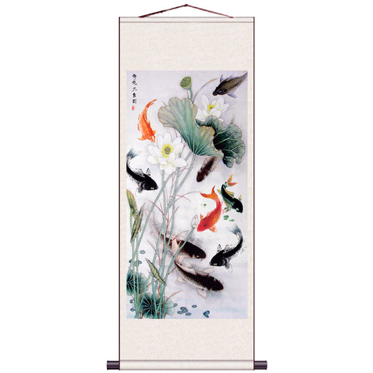 Nine Fish Painting, Six Fish Painting - Traditional Chinese Auspicious Fish Pattern Silk Scroll Hanging Painting Reproduction-01