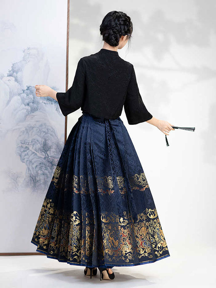 Inspired by Ancient Textile Motifs - Dark Patterned Woven Gold Mamianqun Skirt-04