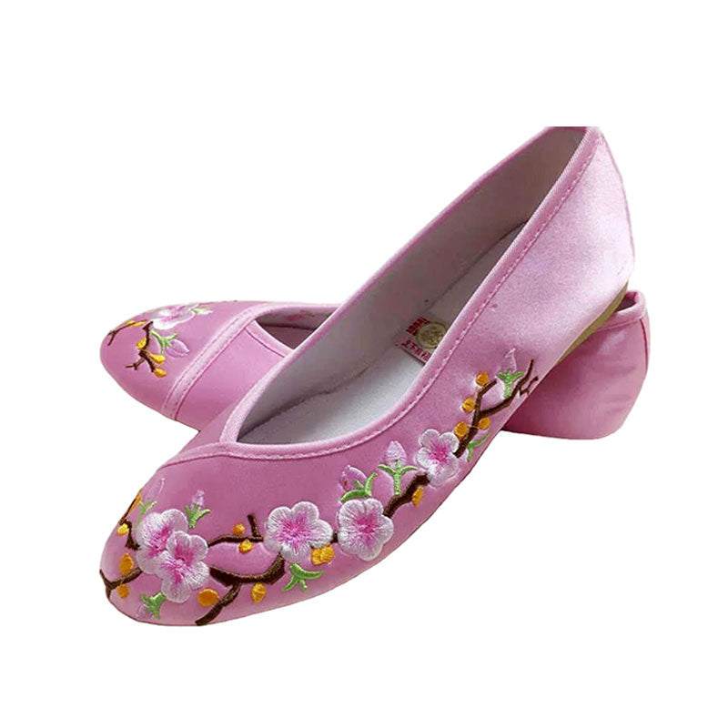 Chinese-Style Satin Embroidered Slip-On Flats | Plum Blossom-04