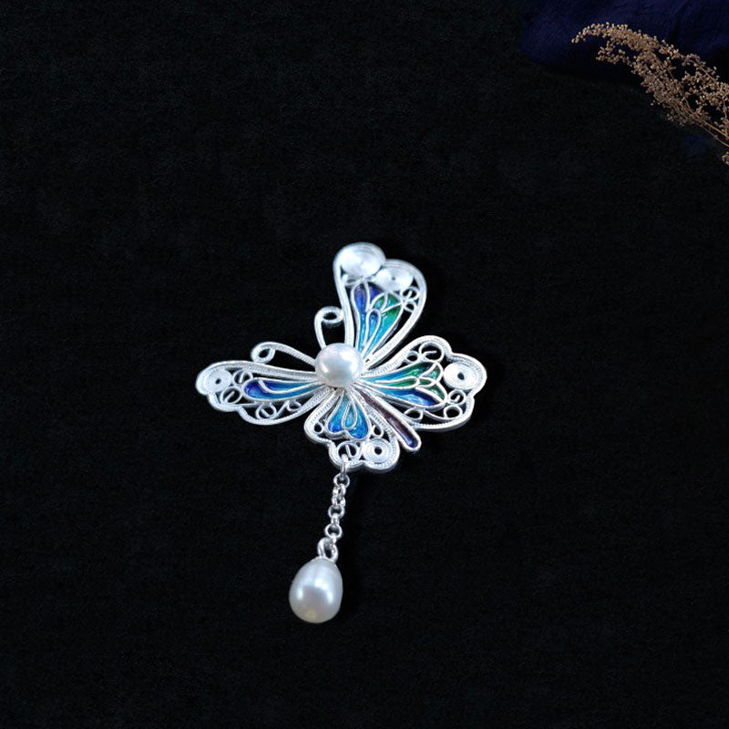 Vintage Cloisonné Silver Filigree Butterfly Inlaid Natural Freshwater Pearl Pendant / Brooch Jewelry Gift-01