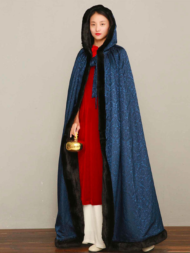 Classic Chinese Cloud & Floral Jacquard Long Cloak Cape