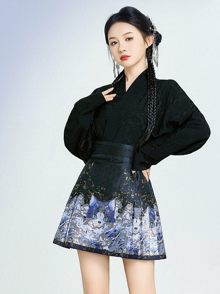 Shan Hai Jing: Spirit Cat Series – Woven Gold Mini Mamianqun Modern Hanfu Skirt Set-03