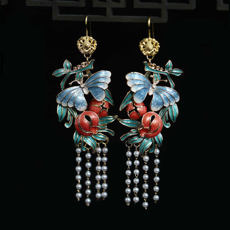 Ancient Chinese Style Butterfly and Flower Artificial Pearl Tassel Earrings-02