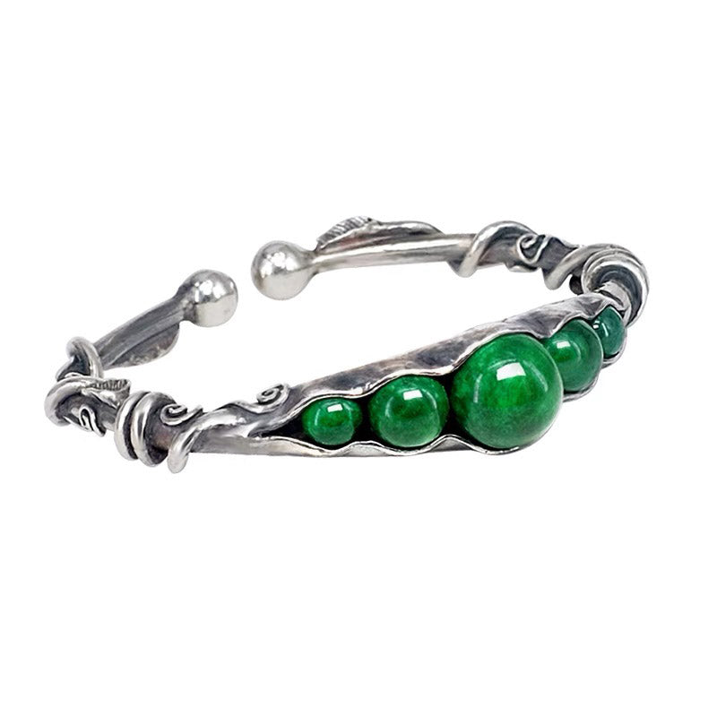 Natural Inspired Handmade 999 Silver Pea Pod Bracelet with Inlaid Jade-01