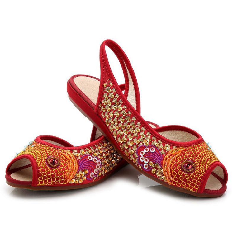 Red Embroidered Peep Toe Low Cut Flats-05
