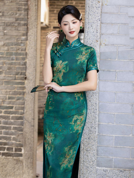 Green Vintage Chinese Style Peony Print Cheongsam Dress for Women-01