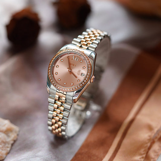 Retro Elegance Versatile Round Berry Nude Pink Dial Gold Watch for women