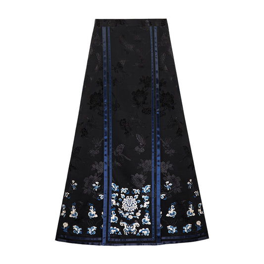 Blue & White Embroidered Ma Mian Qun – Qing Inspired Neo-Hanfu Brocade Skirt-01