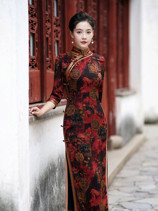 Chinese Style Classic Festive Vintage Red Cheongsam Dress with Floral Print for Women-01