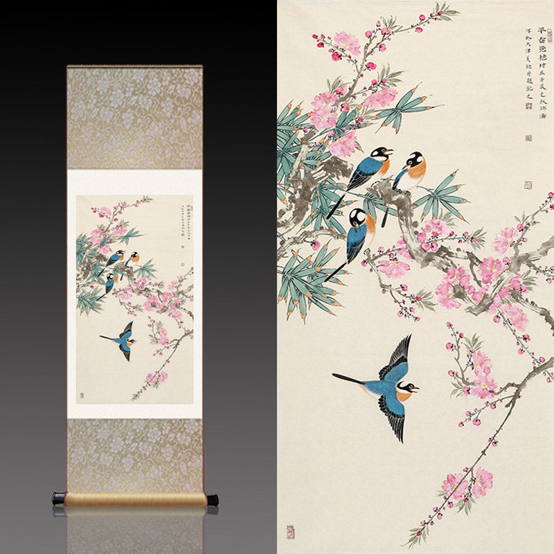 Beautiful Chinese Painting - Early Spring Lucky Flowers Peach Blossom and Four Magpies Silk Scroll Hanging Painting Wall Decoration Art-06