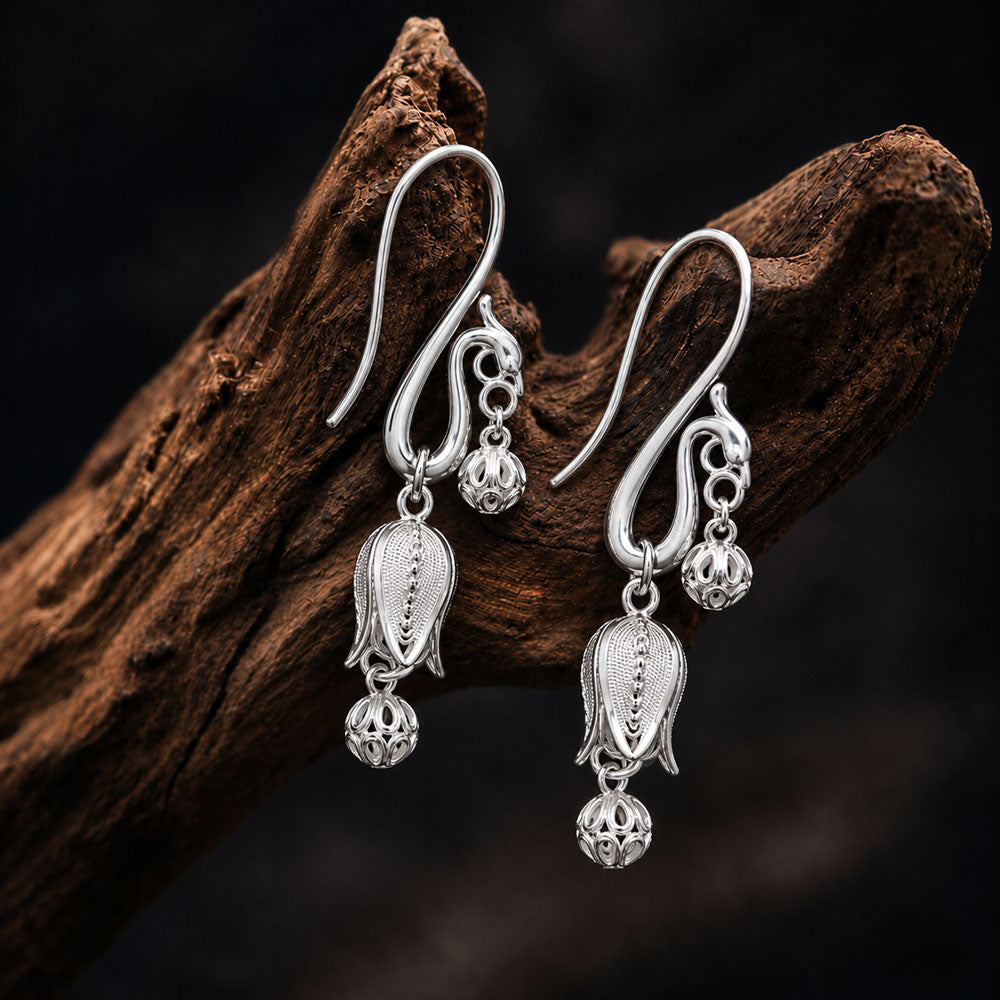 Phoenix & Lily of the Valley Filigree Drop Earrings in 999 Fine Silver-01
