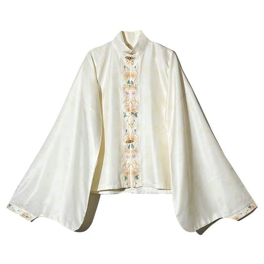 Ming Dynasty Stand-up Collar Beige Printed Front Placket Improved Daily Hanfu Shirt Top-01
