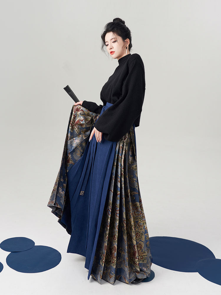 Vintage Chinese Blue Tang Dynasty Floral Tree and Bird Pattern Hanfu Mamianqun Skirt-04