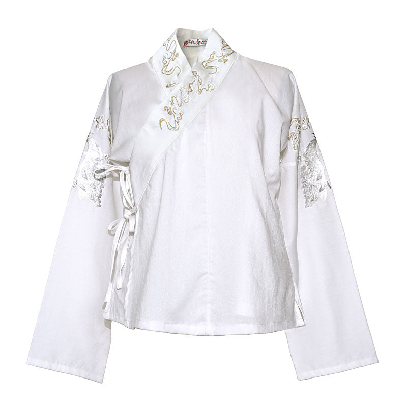 Morden Chinese Style Embroidered Crane Cross Collar Hanfu Shirt Top-05