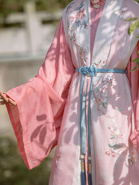 Blossom Season - Pink Traditional Stand-Collar Embroidered Hanfu Dress Set-01