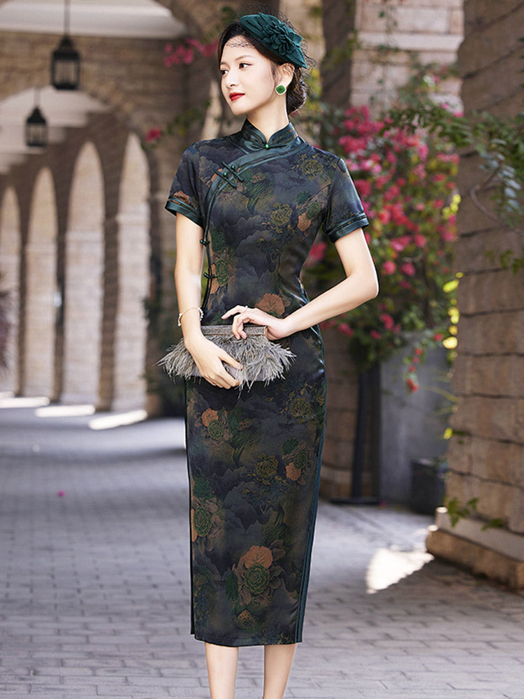 Green Vintage Jacquard Floral Printed Qipao Cheongsam Dress-07