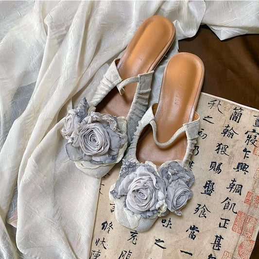 Handmade Vintage Chinese Style Cloth Art Elegant Wabi-Sabi Dried Rose Flower Flat Shoes-01