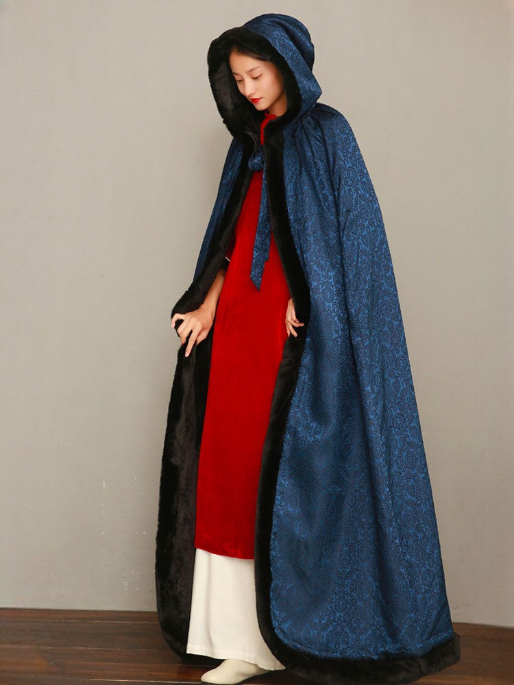 Classic Chinese Cloud & Floral Jacquard Long Cloak Cape