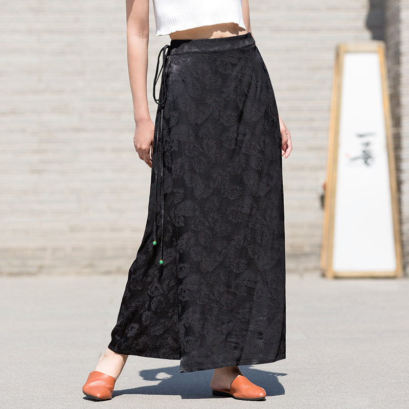 Black Vintage Chinese-style Feather Dark Pattern Jacquard Midi Skirt for Women-02
