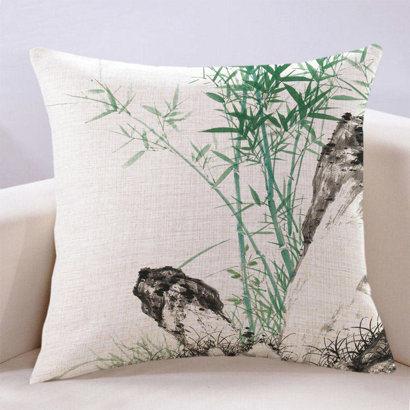 Vintage Chinese Style Ink Bamboo Leaf Landscape Painting Cotton and Linen Throw Pillow-02