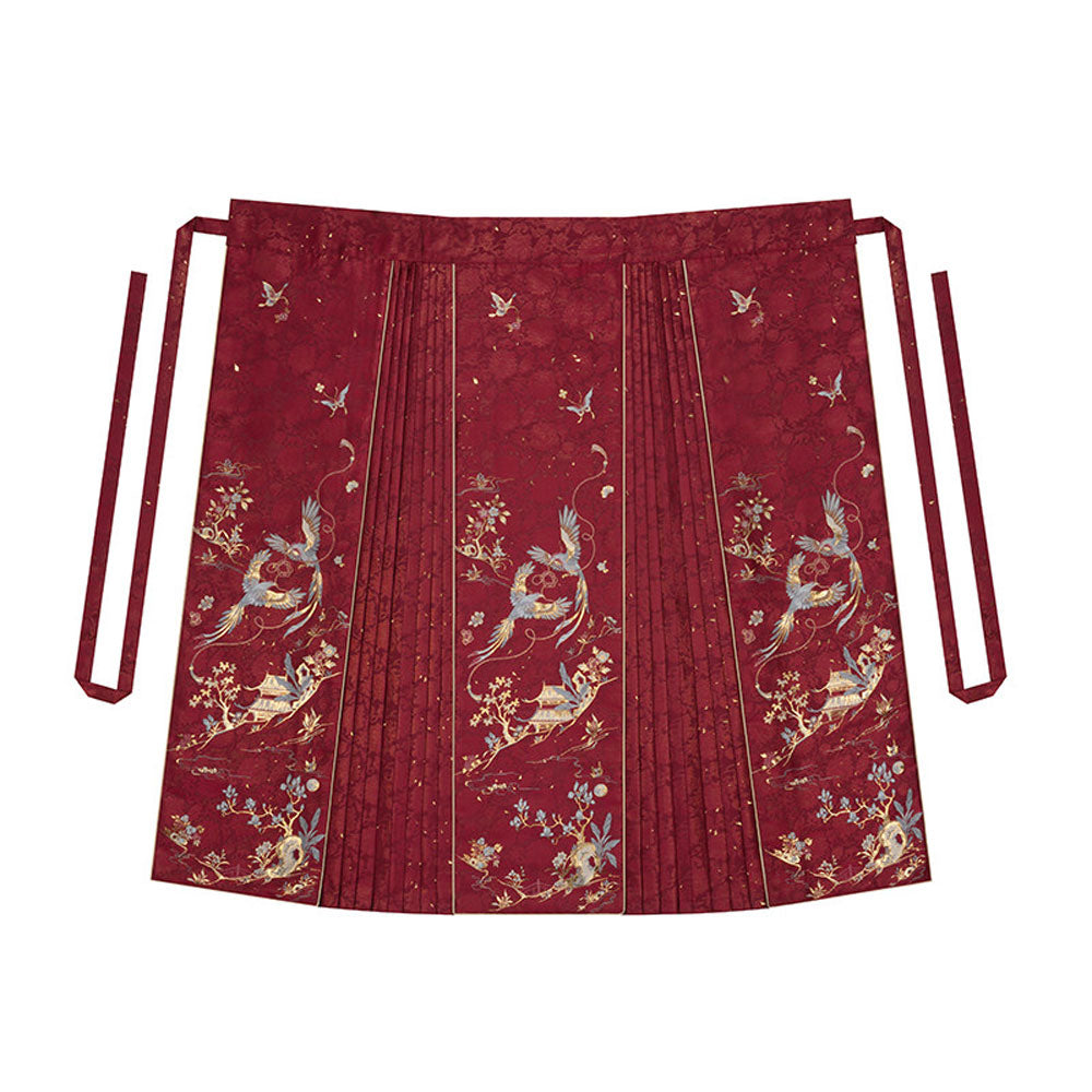 Birds & Blossoms — Ming-Style Gold-Woven Red Mamian Skirt Set-03