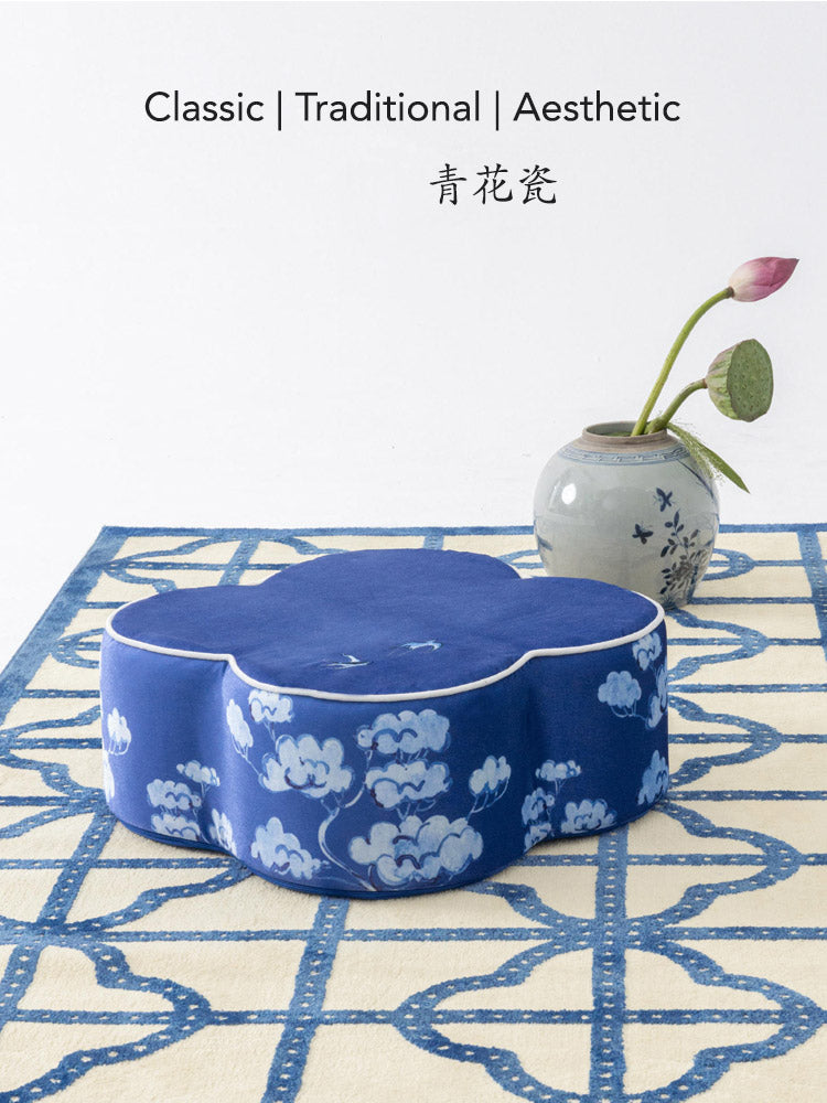 Chinese Blue and White Embroidered Swallows Return Meditation Cushion Pouf-06