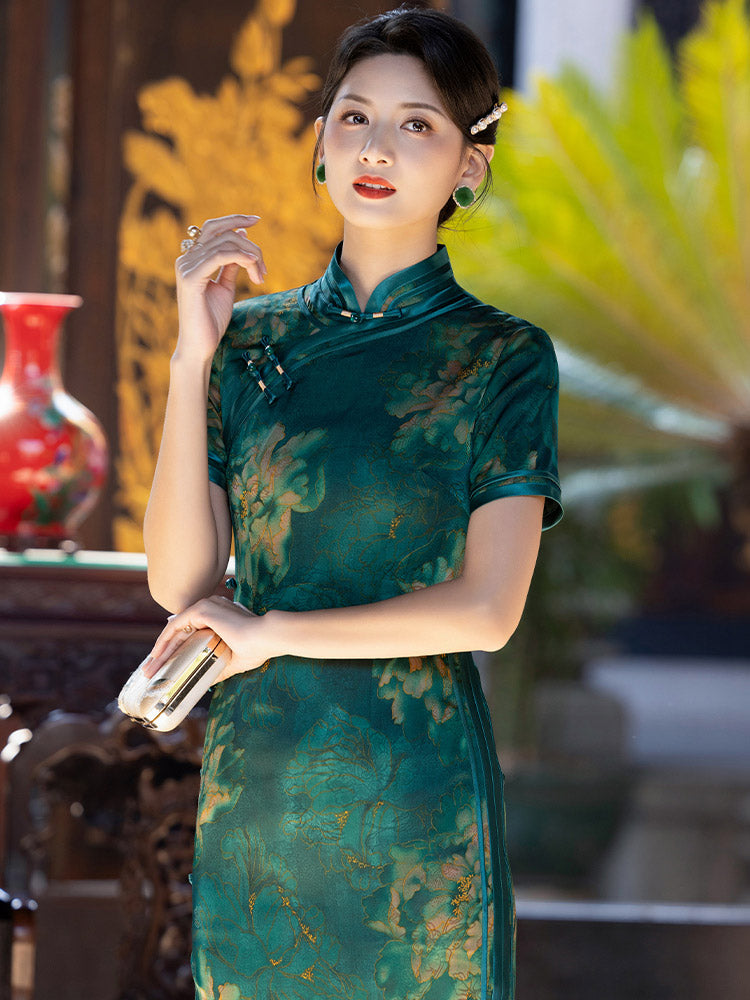 Green Vintage Chinese Style Peony Print Cheongsam Dress for Women-02