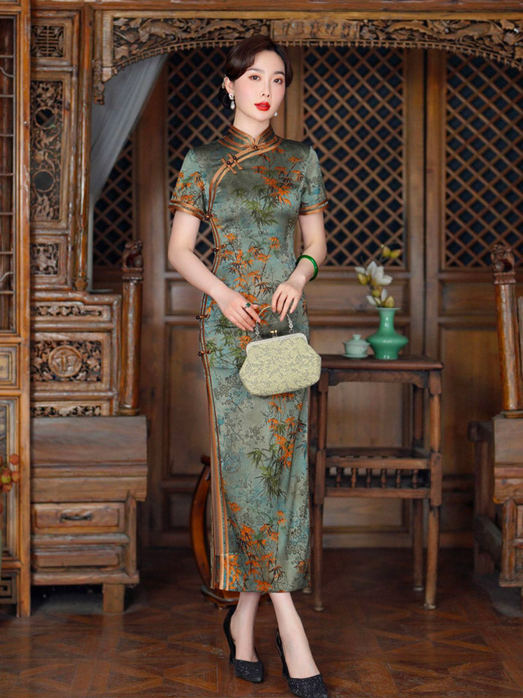 SILK store MANDARIN DRESS | vintage secondhand preloved pre-owned floral apple green blue side ruched drawstring pure silk Cheongsam made in Italy