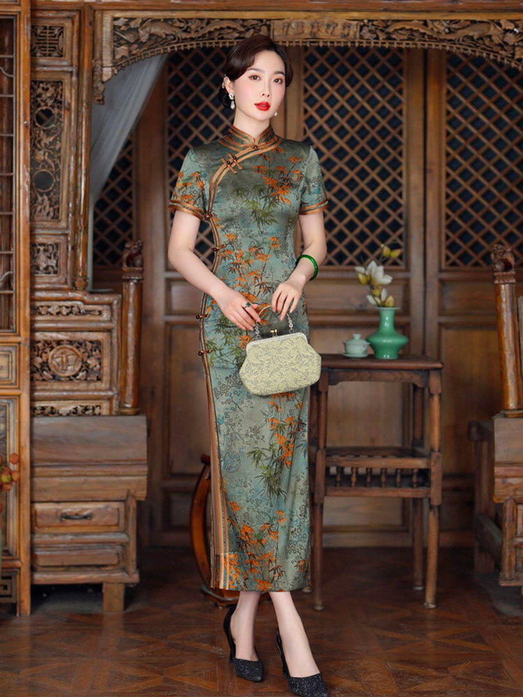 Chinese Style Vintage Bamboo Leaf and Flower Printed Cheongsam Dress for Women in Light Aqua Green Traditional Color-06