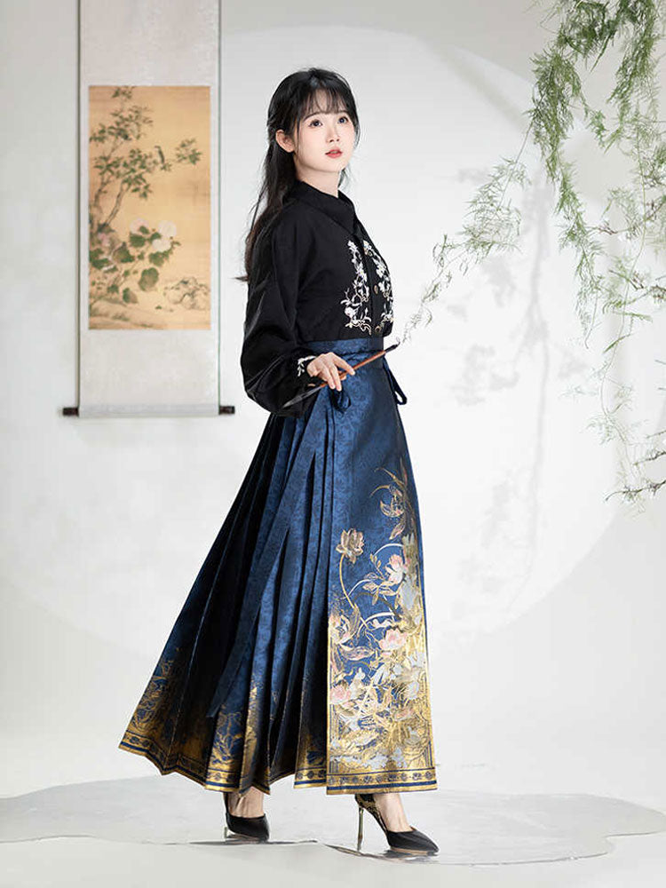 Fragrant Lotus Pond - Blue Lotus Pattern Woven Gold Mamianqun Skirt-03