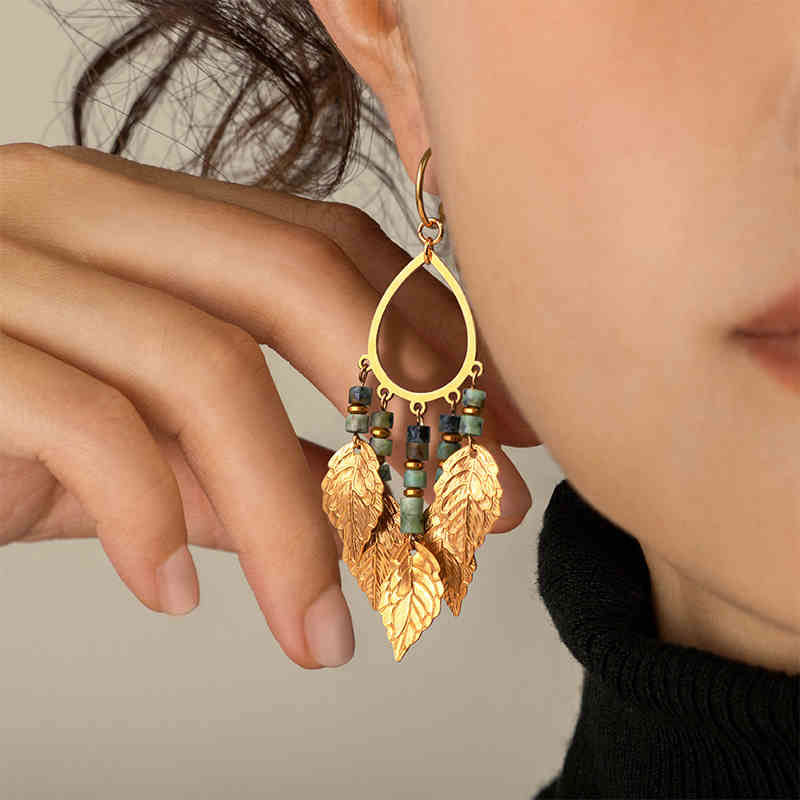 Handmade Natural Vintage Style Gold Leaf Tassel Earrings with African Turquoise-02