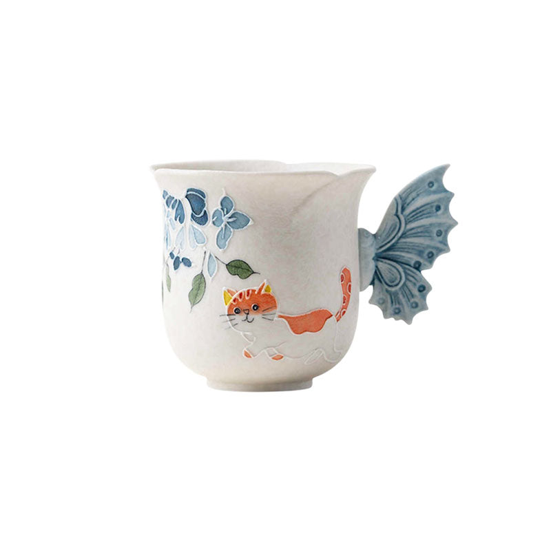 Blue Windflower & Ginger Cat Hand-Painted Ceramic Cup-09