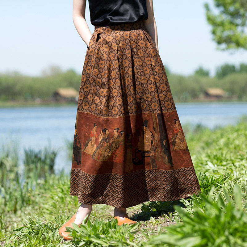 Vintage Chinese-style Mulberry Silk Court Banquet Print Retro Patterned Midi Skirt for Women-03