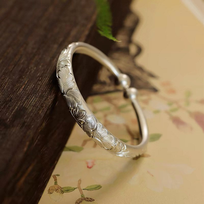 Vintage Chinese Style Hand-Carved Flower Pure Silver Bangle Bracelet for Women-02