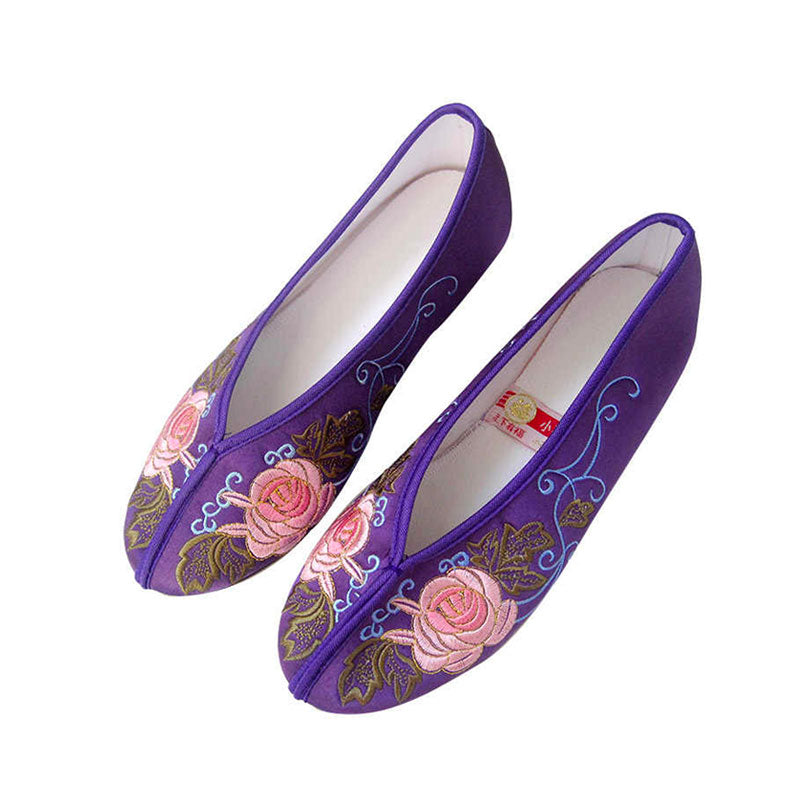 Vintage Satin Rose Embroidered Round-Toe Slip-On Flats (Multi-Color)-01