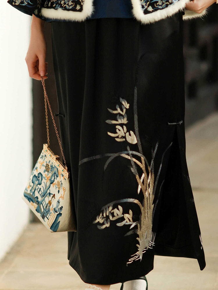 Orchid Embroidered Skirt - Black Neo-Chinese Midi Skirt-02