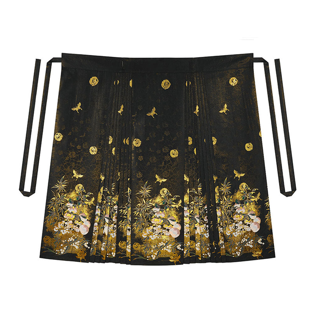 Peach & Verdant Bamboo — Ming-Style Gold-Woven Mamian Skirt Set-12